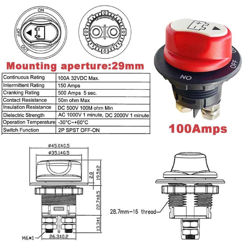 12V 100Amp Isolator Switch Battery Disconnect Switch for Motorbike Car Boat RV