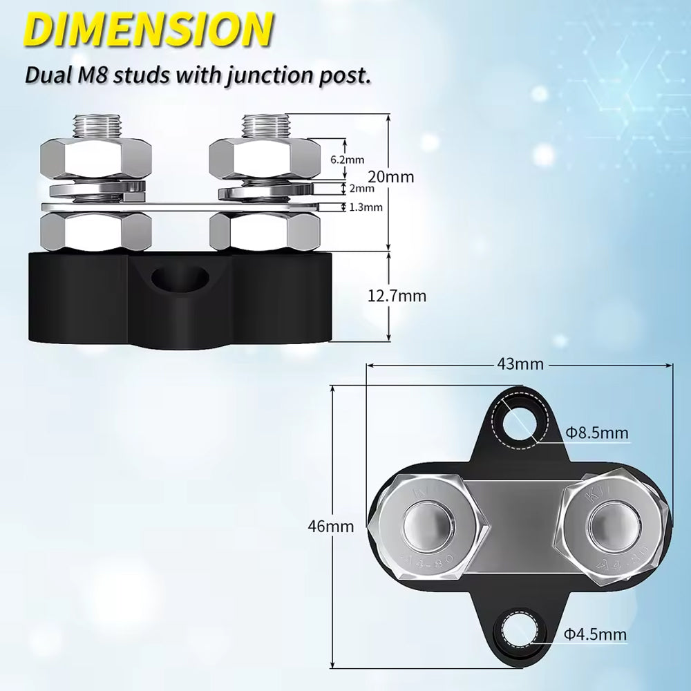 1 Pair M8 Dual Terminal Block Stud 12-48V 80A Junction Power Distribution Block