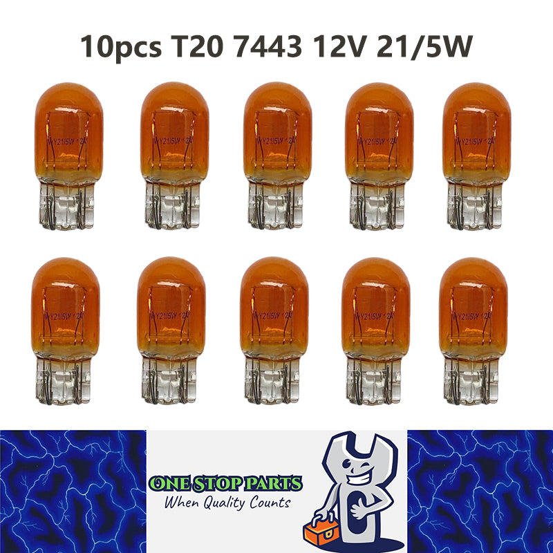 10 x T20 7443 12v 21/5w Amber Coated Dual filament incandescent Wedge globes