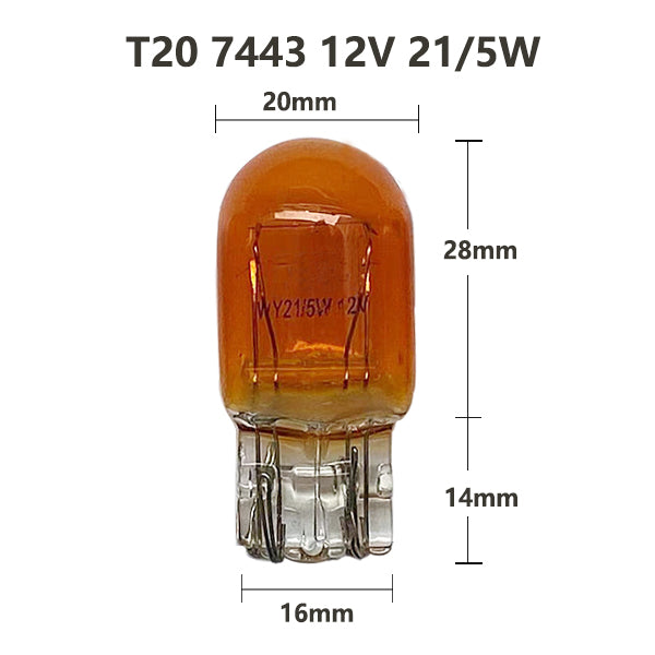 10 x T20 7443 12v 21/5w Amber Coated Dual filament incandescent Wedge globes