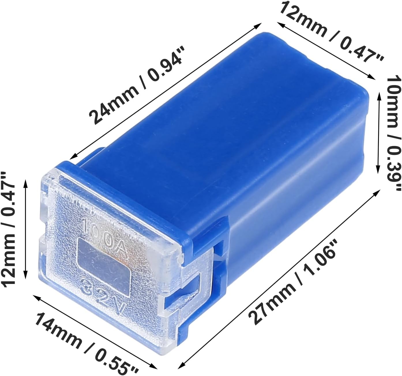 1 x 100Amp Blue Small Slow Blow Fuse Block 10mmx12mm x 27mm High 100A Fuse (1pc)