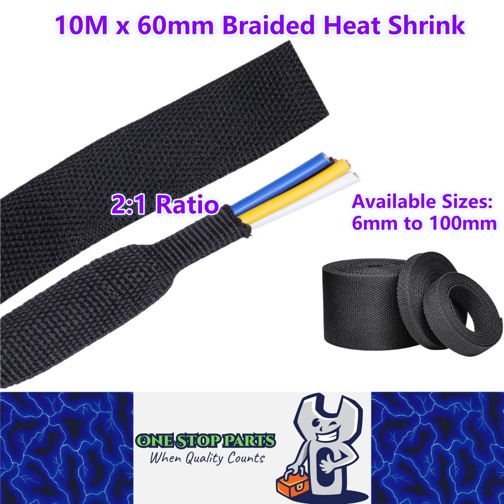 10M x 60mm 2:1 Black Heat Shrink Braided Sleeve Shrink 60mm to 30mm heat shrink