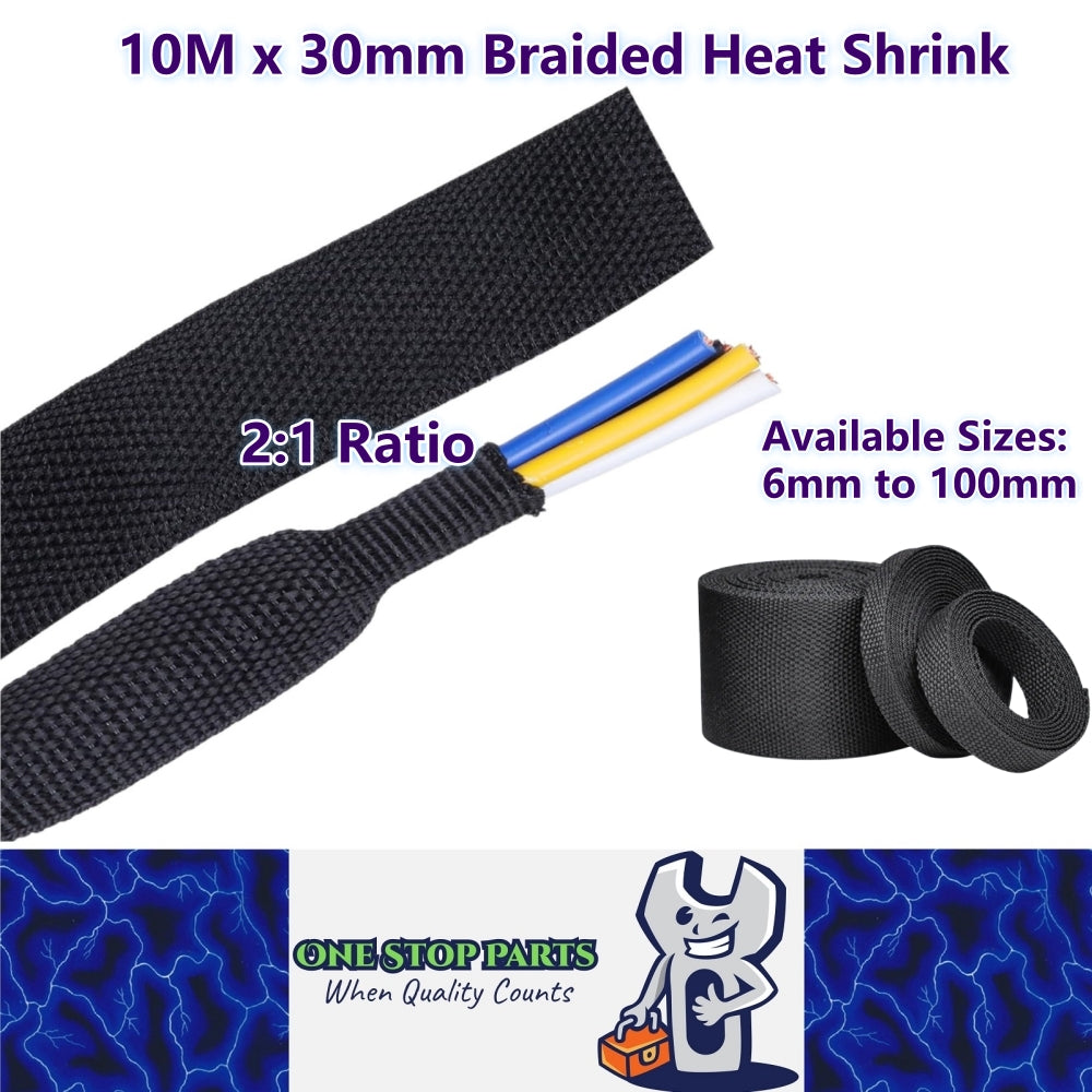 10M x 30mm 2:1 Black Heat Shrink Braided Sleeve Shrink 30mm to 15mm heat shrink