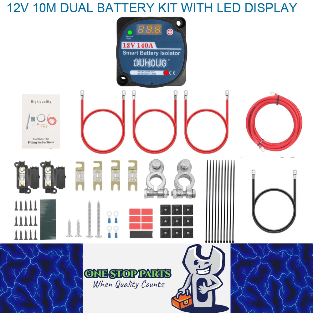 12V Dual Battery Kit LED Display Voltage Sense Relay Isolator Fuse Terminal 10M