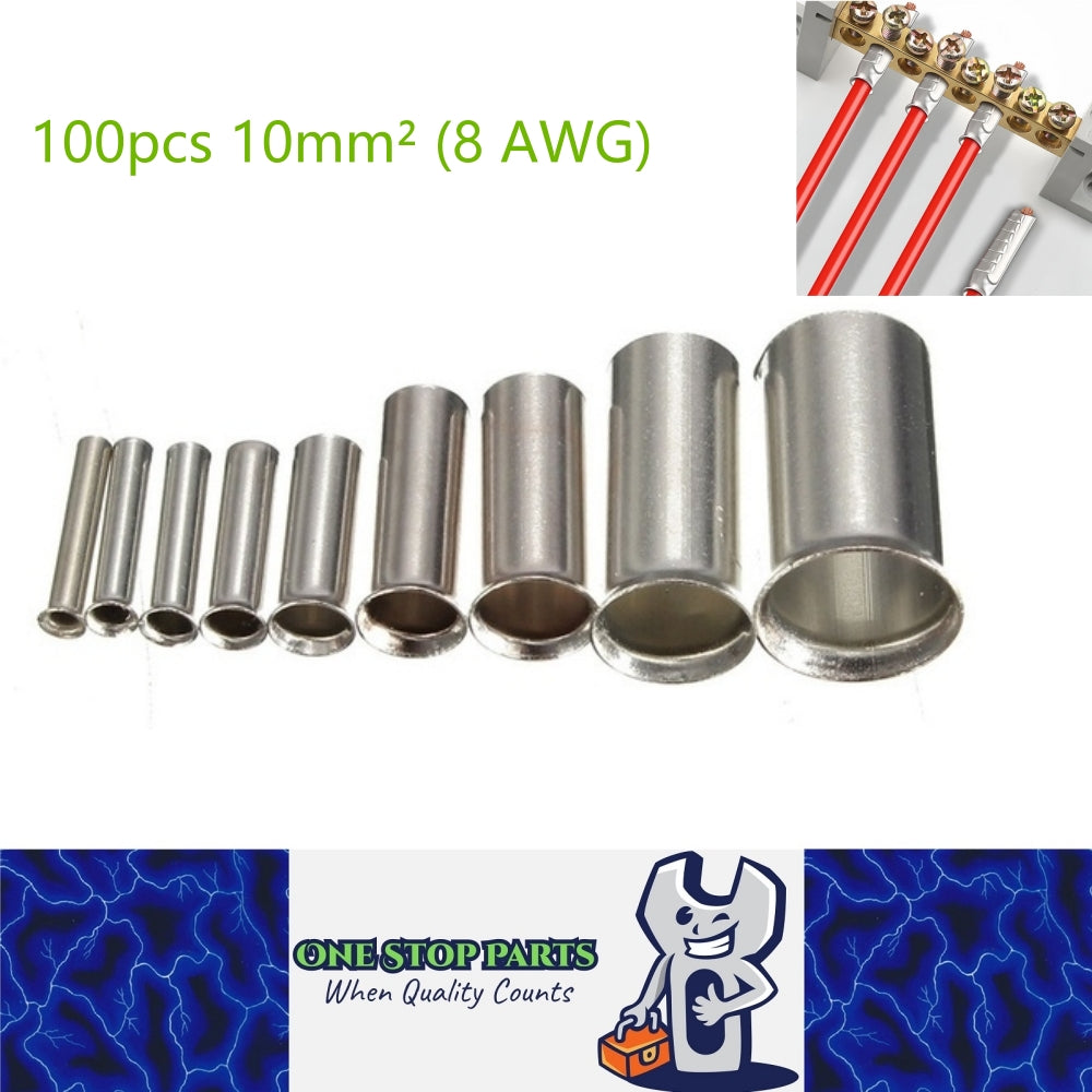 100 x 10mm² (8 AWG) Copper Tinned Bare wire end Crimp Cable end connection