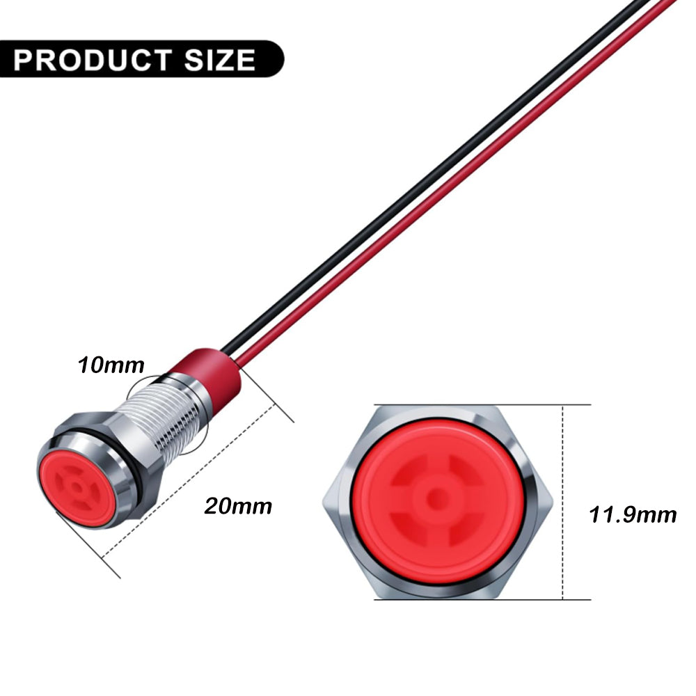 10 x Red LED Indicator Light 10mm Metal 12V-24V Pilot Signal Lamp IP67 Car Boat