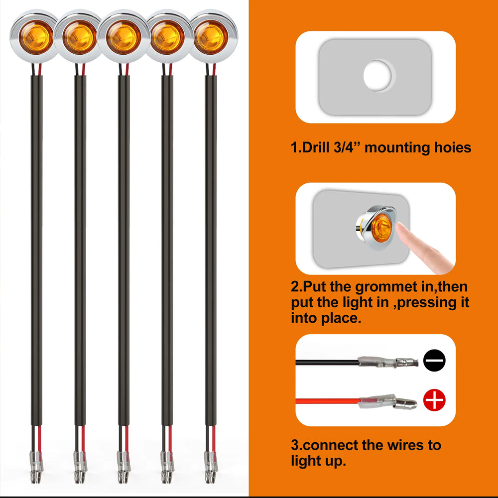 10 x Amber Round LED Side Marker Lamps 1.9CM 12V-24V LED Side Marker Lamps
