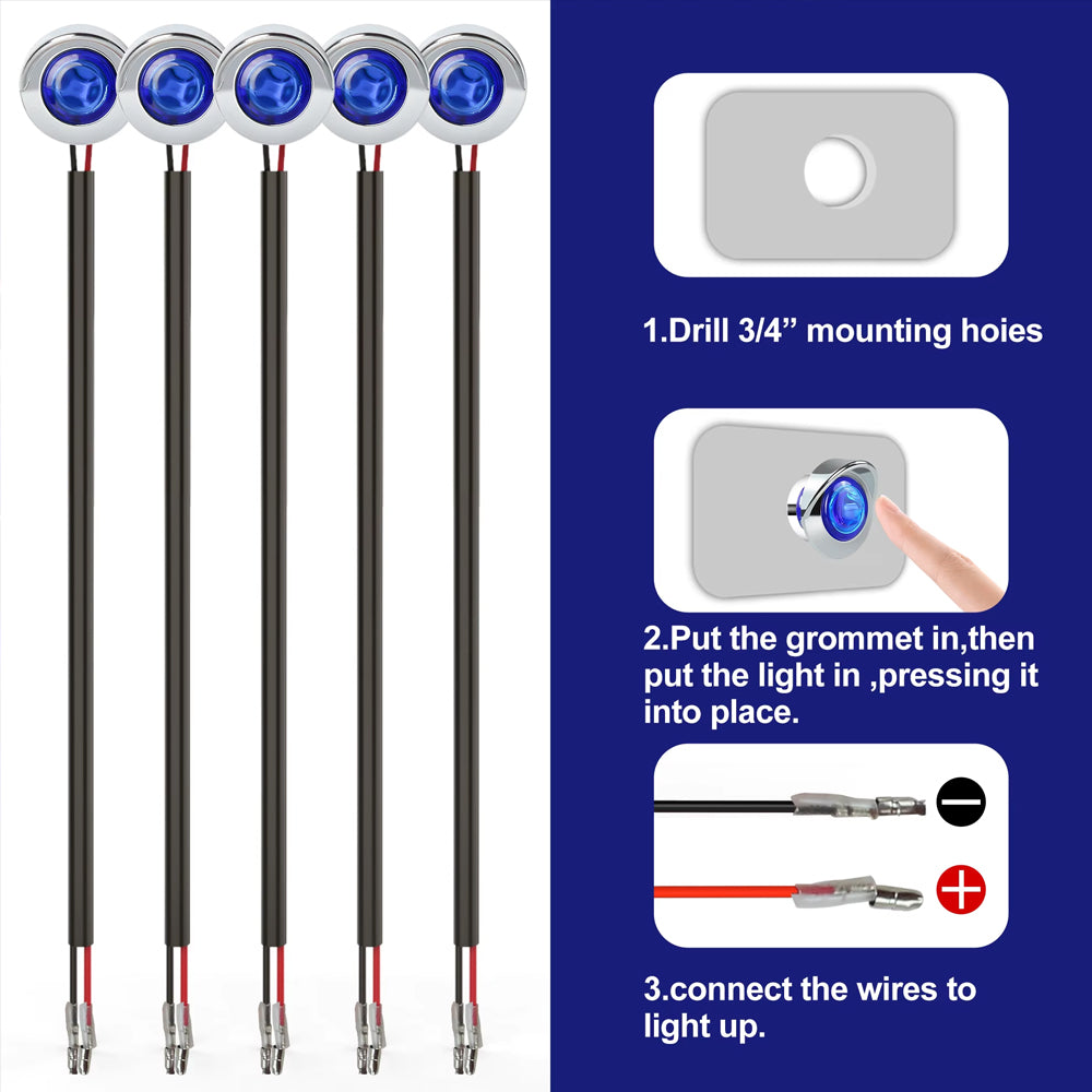10 x Blue Round LED Side Marker Lamps 1.9CM 12V-24V LED Signal Indicator Light