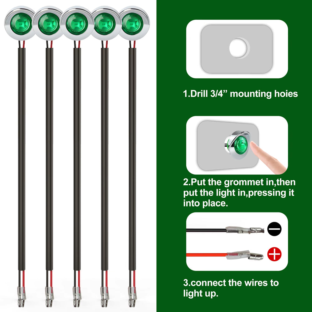 10 x Green Round LED Side Marker Lamps 1.9CM 12V-24V LED Marker Signal Lights