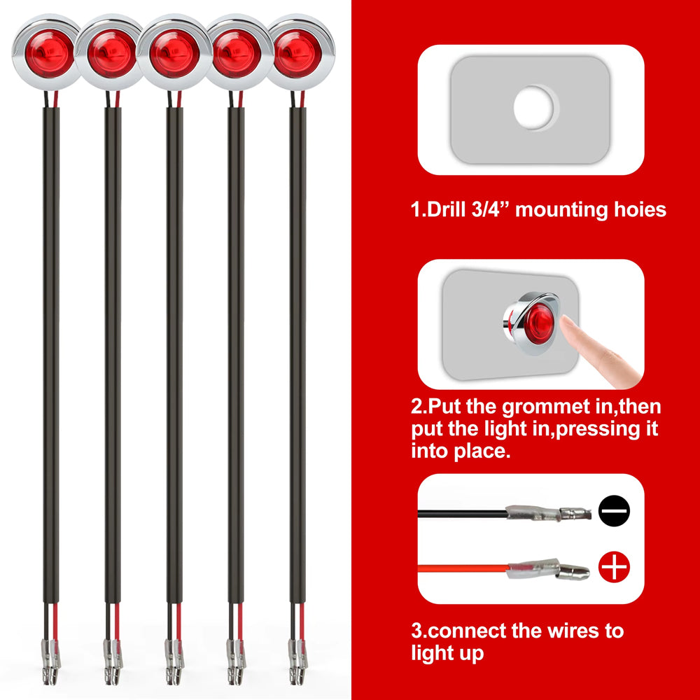 10 x Red Round LED Rear Marker Lamps 1.9CM 12V-24V LED Rear Marker Lights