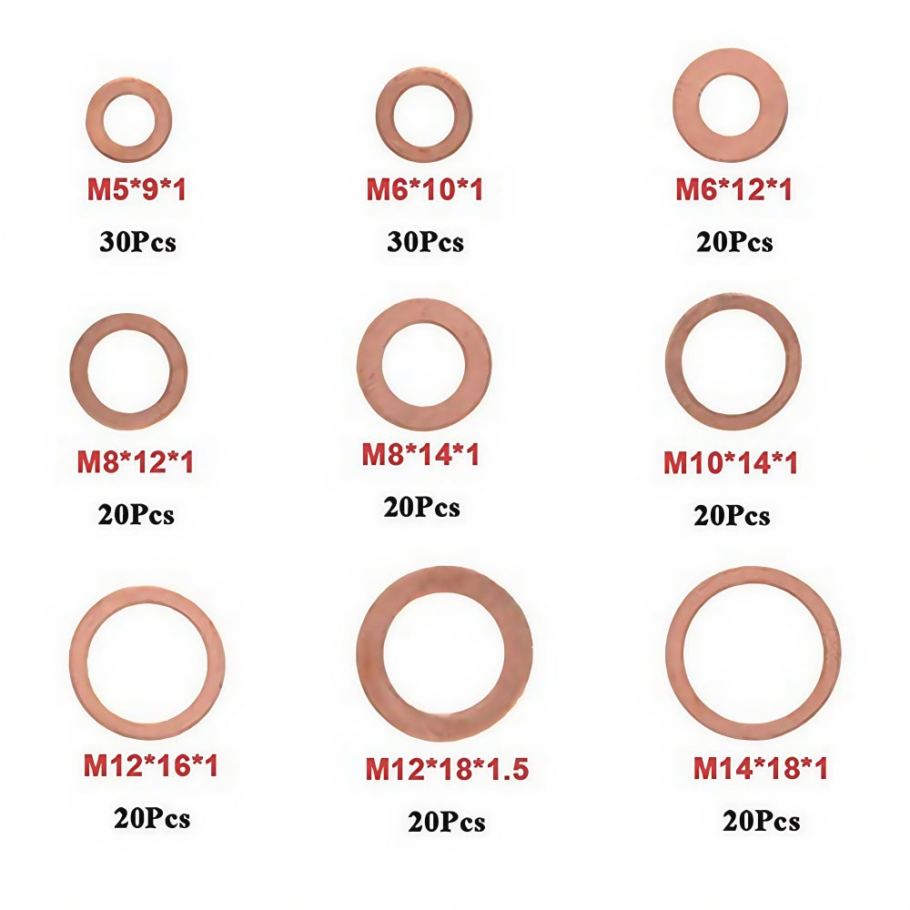 200 x Assorted Copper Sump Plug Washers M5 M6 M8 M10 M12 M14 Suits Most Vehicles