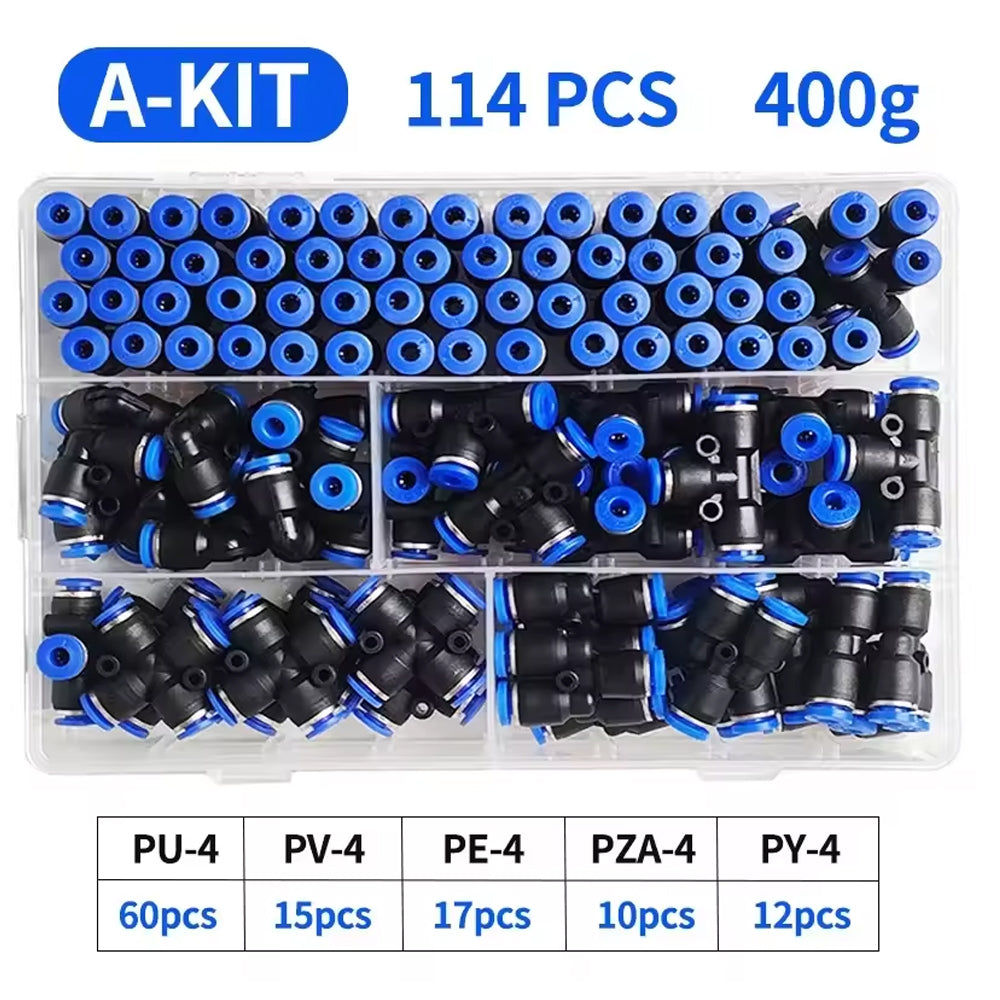 114pcs 4mm Air Pneumatic Connectors Fittings Box Kit with PE/PU/PV/PY/PZA Plugs