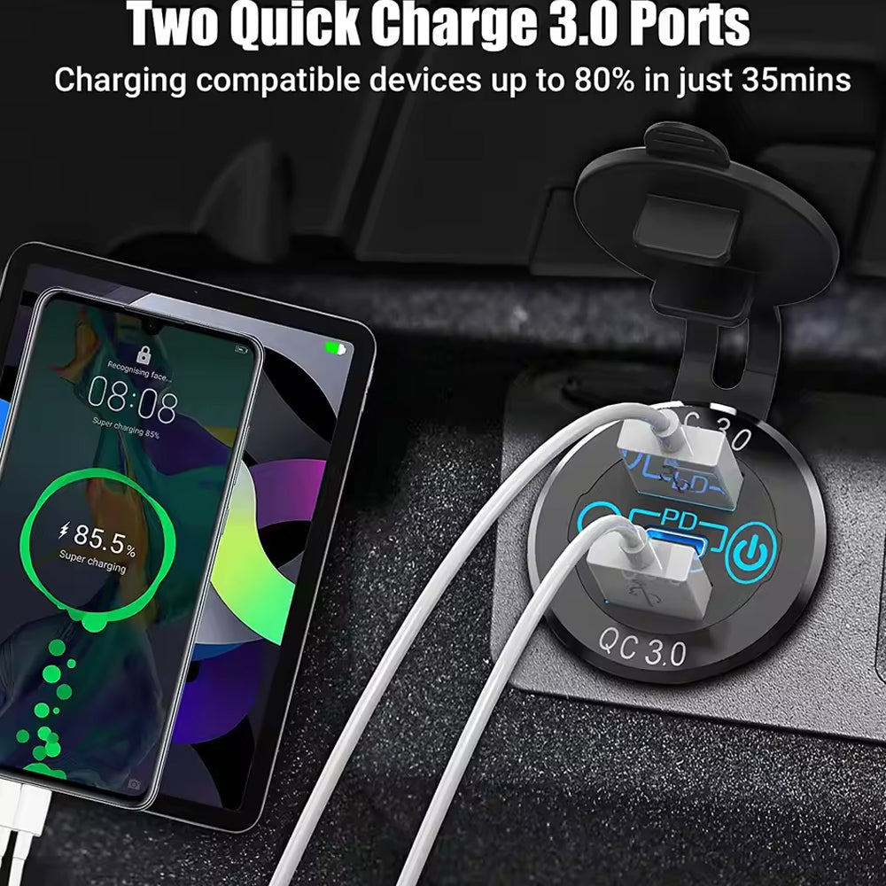 12-24V USB Charger Outlet One PD Type C & Two QC3.0 USB Port Touch Switch Socket