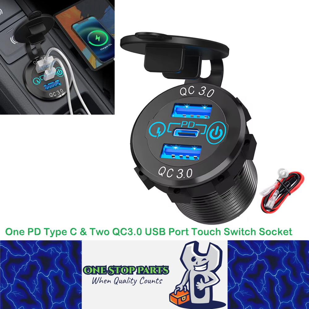 12-24V USB Charger Outlet One PD Type C & Two QC3.0 USB Port Touch Switch Socket