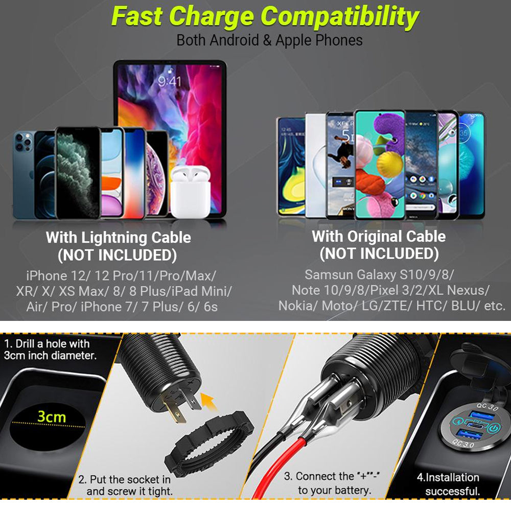 12-24V USB Charger Outlet One PD Type C & Two QC3.0 USB Port Touch Switch Socket
