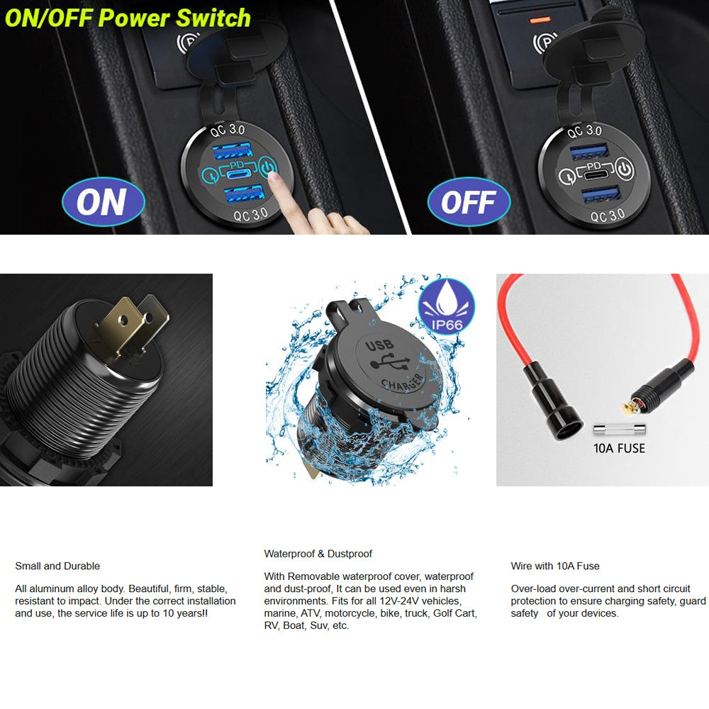 12-24V USB Charger Outlet One PD Type C & Two QC3.0 USB Port Touch Switch Socket