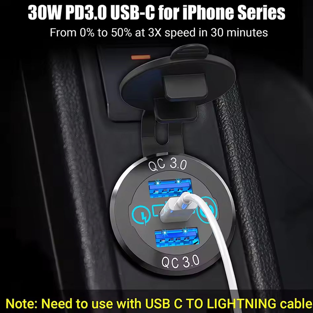 12-24V USB Charger Outlet One PD Type C & Two QC3.0 USB Port Touch Switch Socket