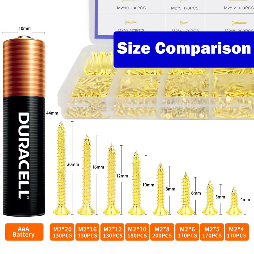 1280pcs M2 Brass Plated Phillips Tips Screw Assortment Kit Self Tapping Screws