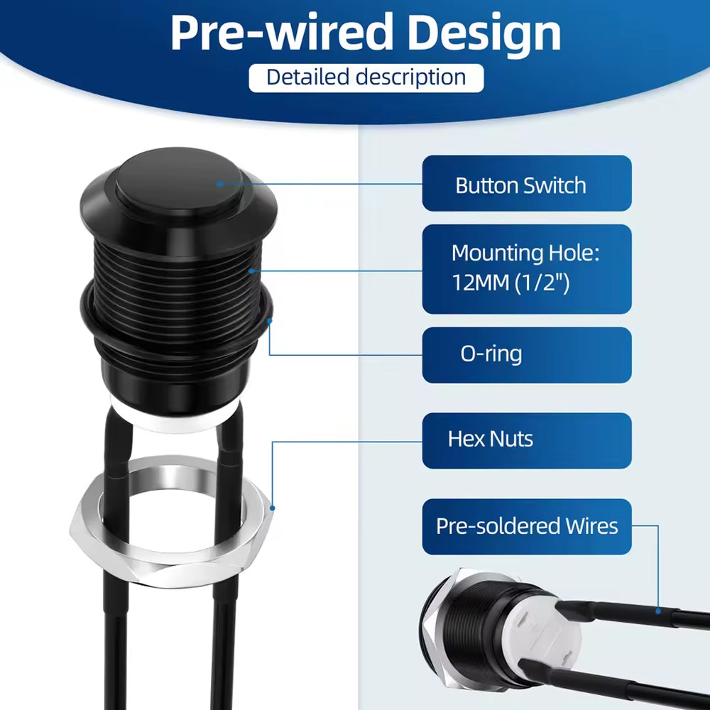 12pcs 12mm Metal Momentary Push Button Switch 12V 2 Pin Pre Wired SPST Switch