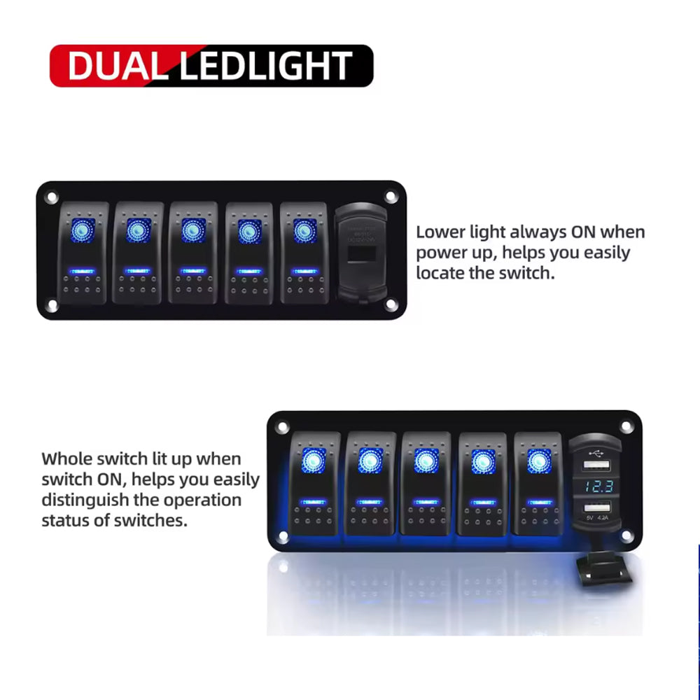 12V-24V Pre Wired 5 Gang Switch Panel LED Rocker Switch Panel with Volt USB Port