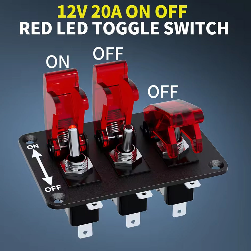12V 3 Gang Toggle Switch Panel with LED Light and Flip Cover 3Pin ON/Off Switch