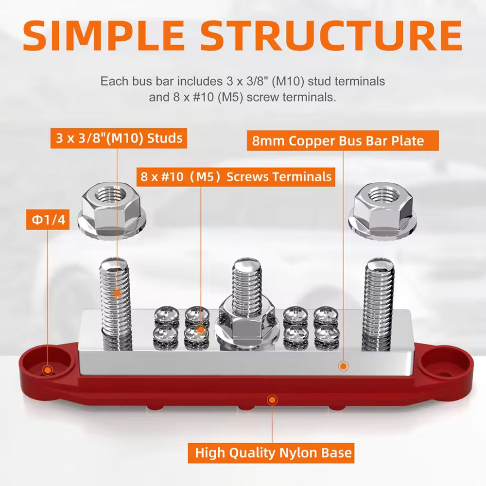 M10 Bus Bar 12V-48V 400A Power Distribution Block 3xM10 Posts Stud 8xM5 Terminal