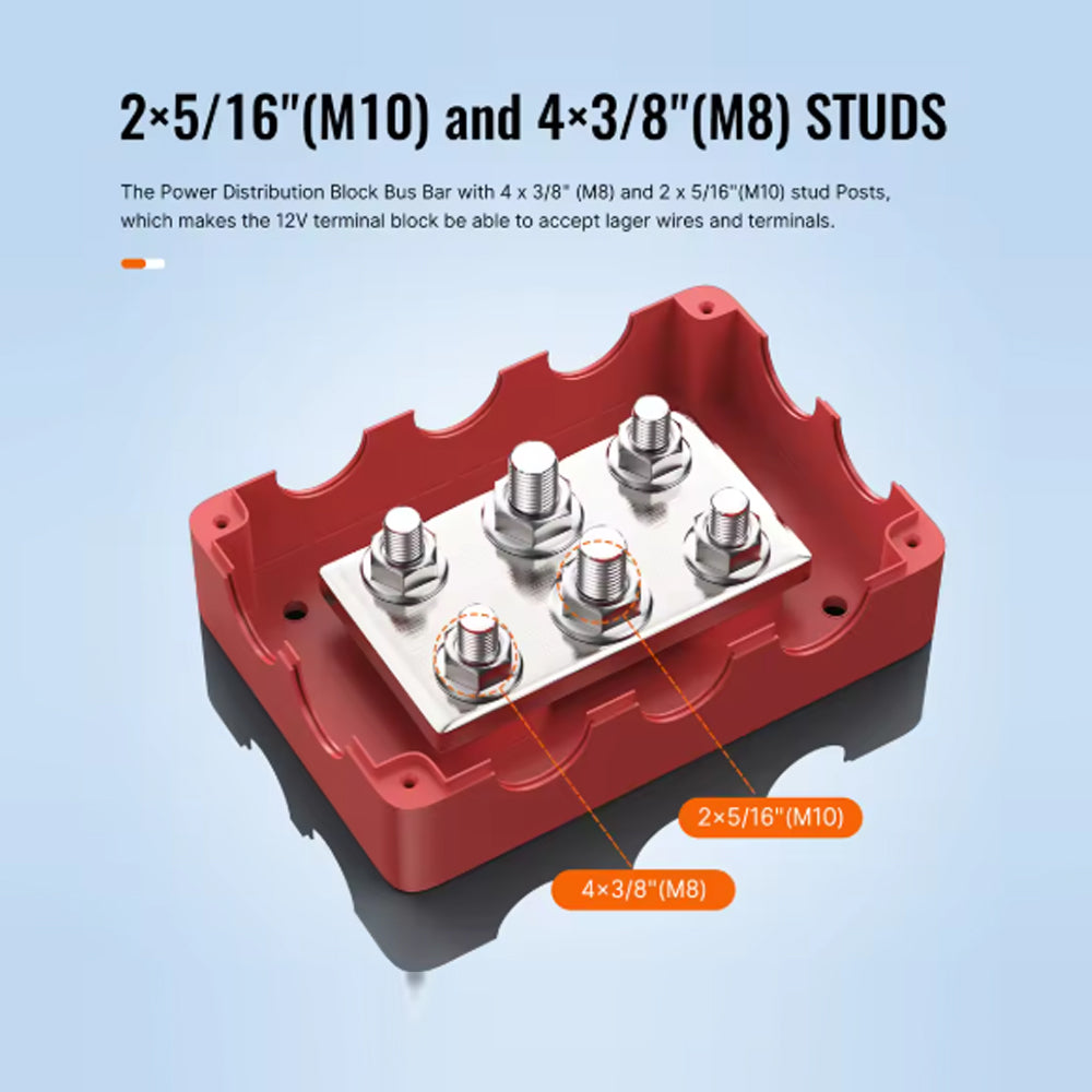 Bus Bar 12V-48V 500A Power Distribution Block 4xM8 and 2xM10 Posts Studs