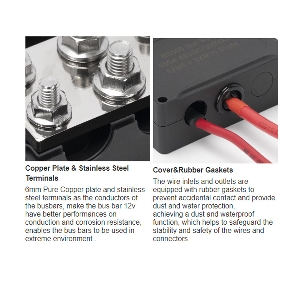 Bus Bar 12V-48V 500A Power Distribution Block 4xM8 and 2xM10 Posts Studs