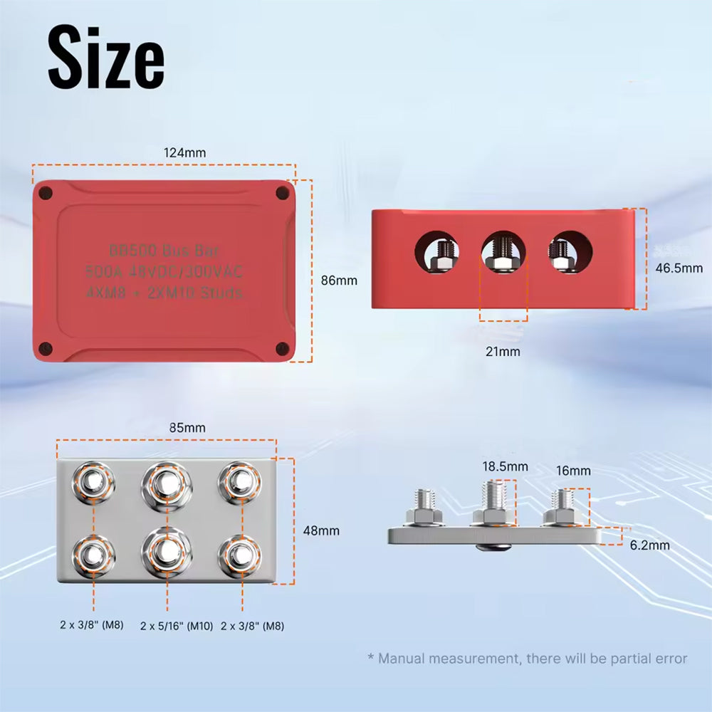 Bus Bar 12V-48V 500A Power Distribution Block 4xM8 and 2xM10 Posts Studs