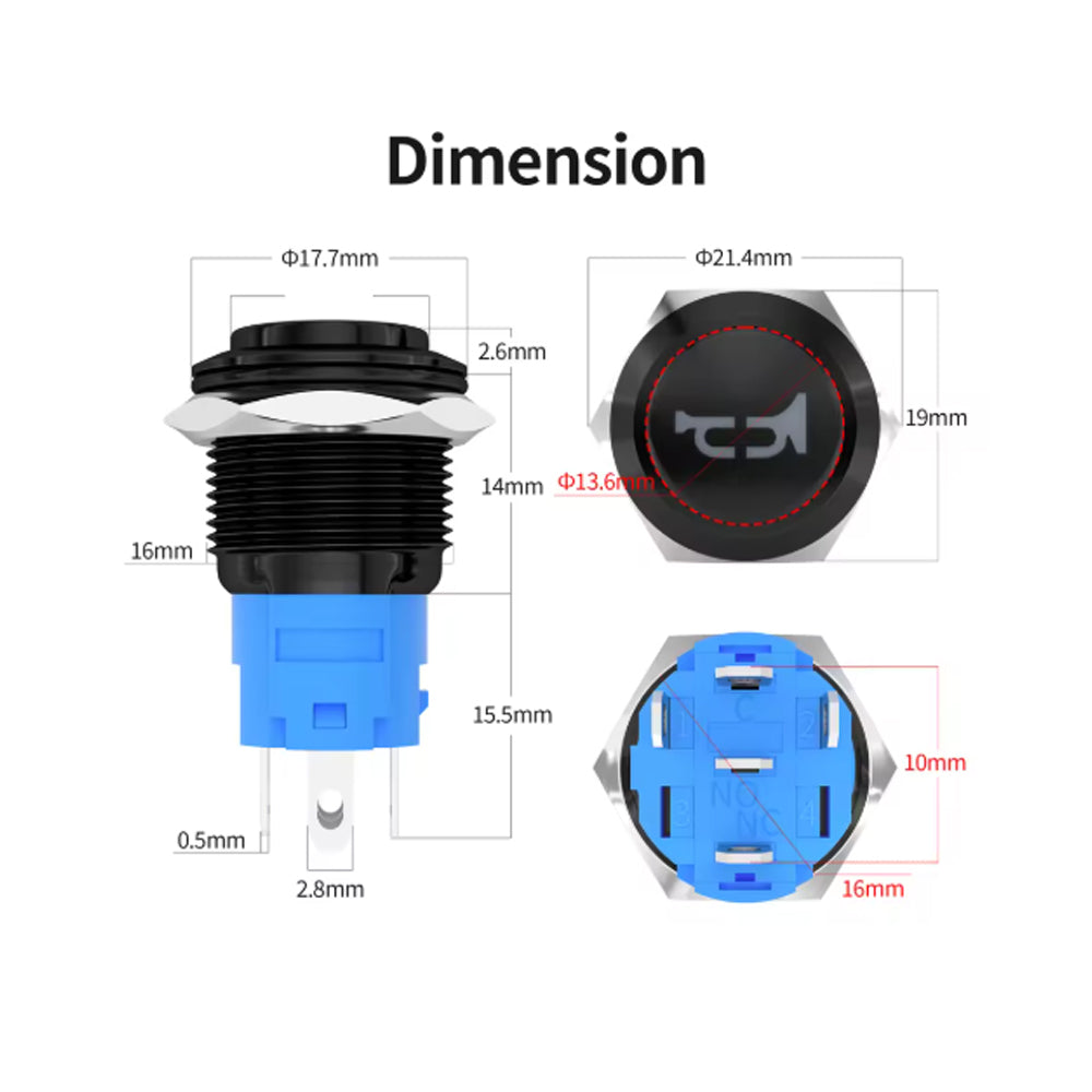 Horn Switch 12V 5A 16MM Red LED Horn Push Button Switch for Car Boat Marine