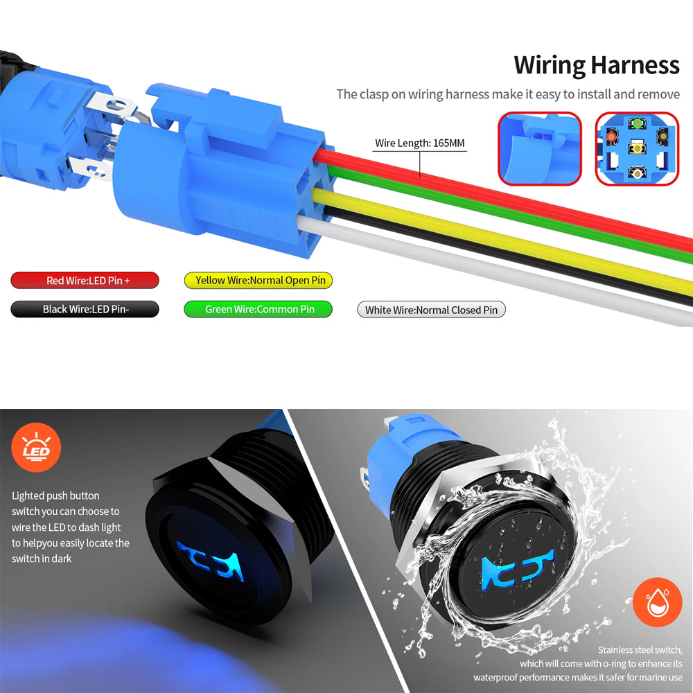 Horn Switch 12V 5A 16MM Blue LED Horn Push Button Switch for Car Boat Marine