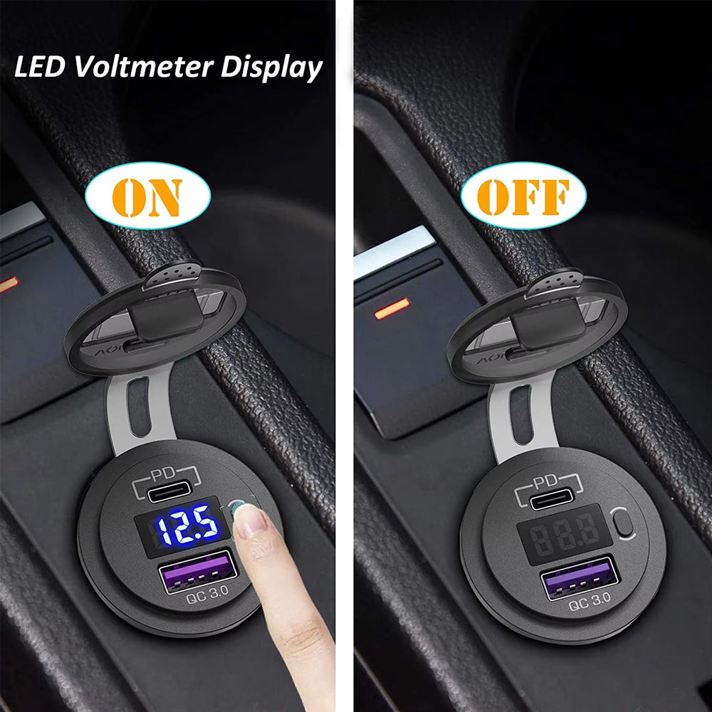 12V USB Charger Outlet 18W QC3.0 and 30W PD Type C USB Port Voltmeter USB Socket
