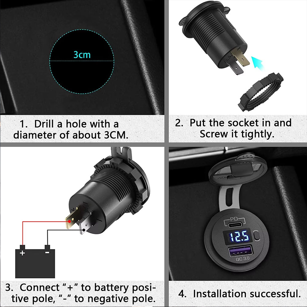 12V USB Charger Outlet 18W QC3.0 and 30W PD Type C USB Port Voltmeter USB Socket