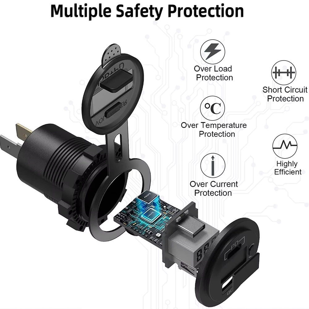 12V USB Charger Outlet 18W QC3.0 and 30W PD Type C USB Port Voltmeter USB Socket