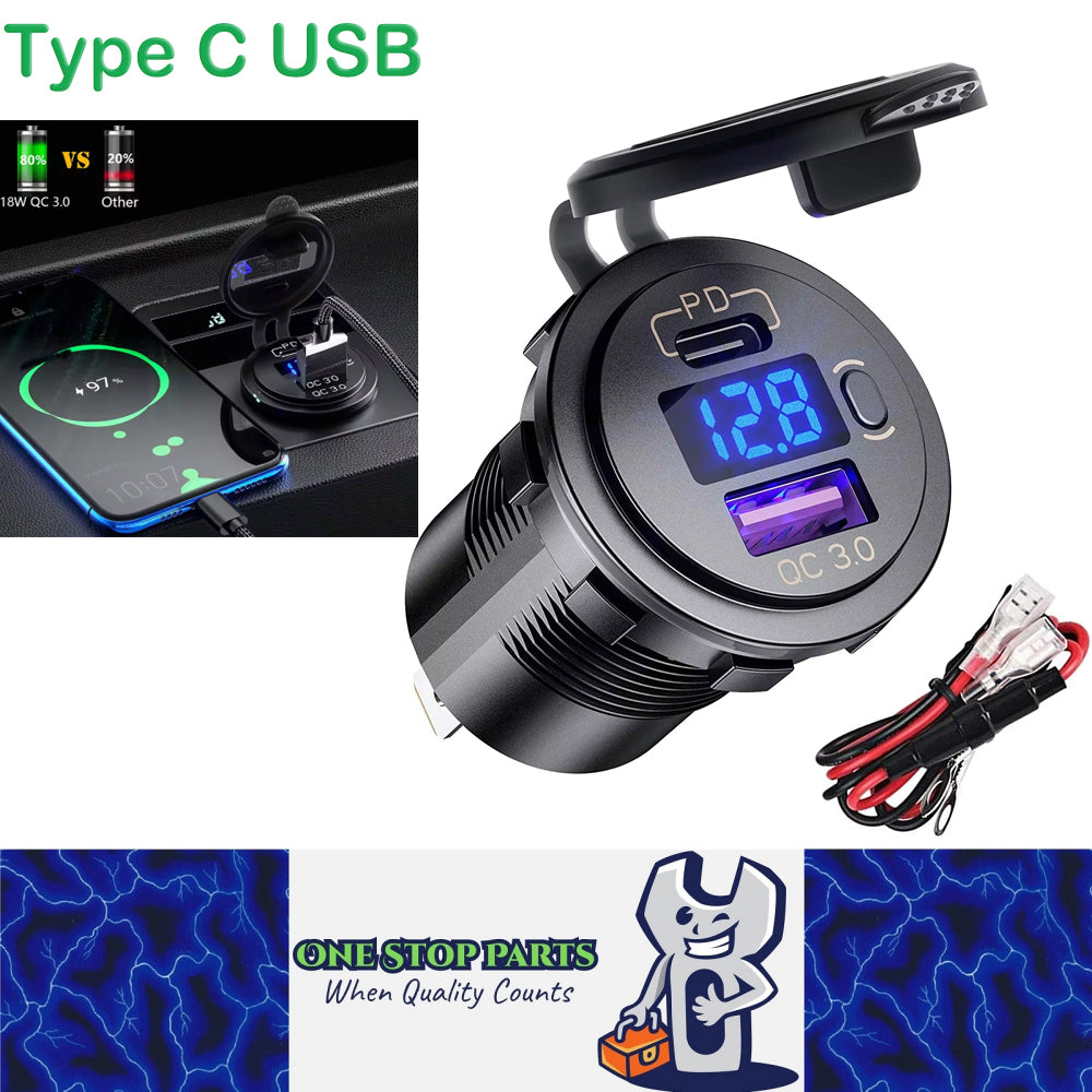 12V USB Charger Outlet 18W QC3.0 and 30W PD Type C USB Port Voltmeter USB Socket