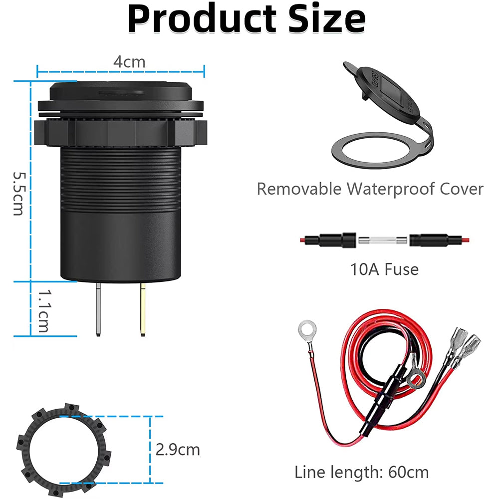 12V USB Charger Outlet 18W QC3.0 and 30W PD Type C USB Port Voltmeter USB Socket