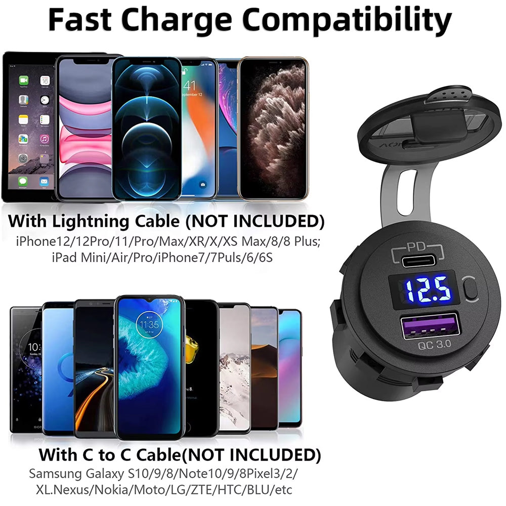 12V USB Charger Outlet 18W QC3.0 and 30W PD Type C USB Port Voltmeter USB Socket