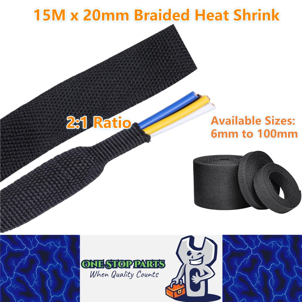 15M x 20mm 2:1 Black Heat Shrink Braided Sleeve Shrink 20mm to 10mm Heat Shrink