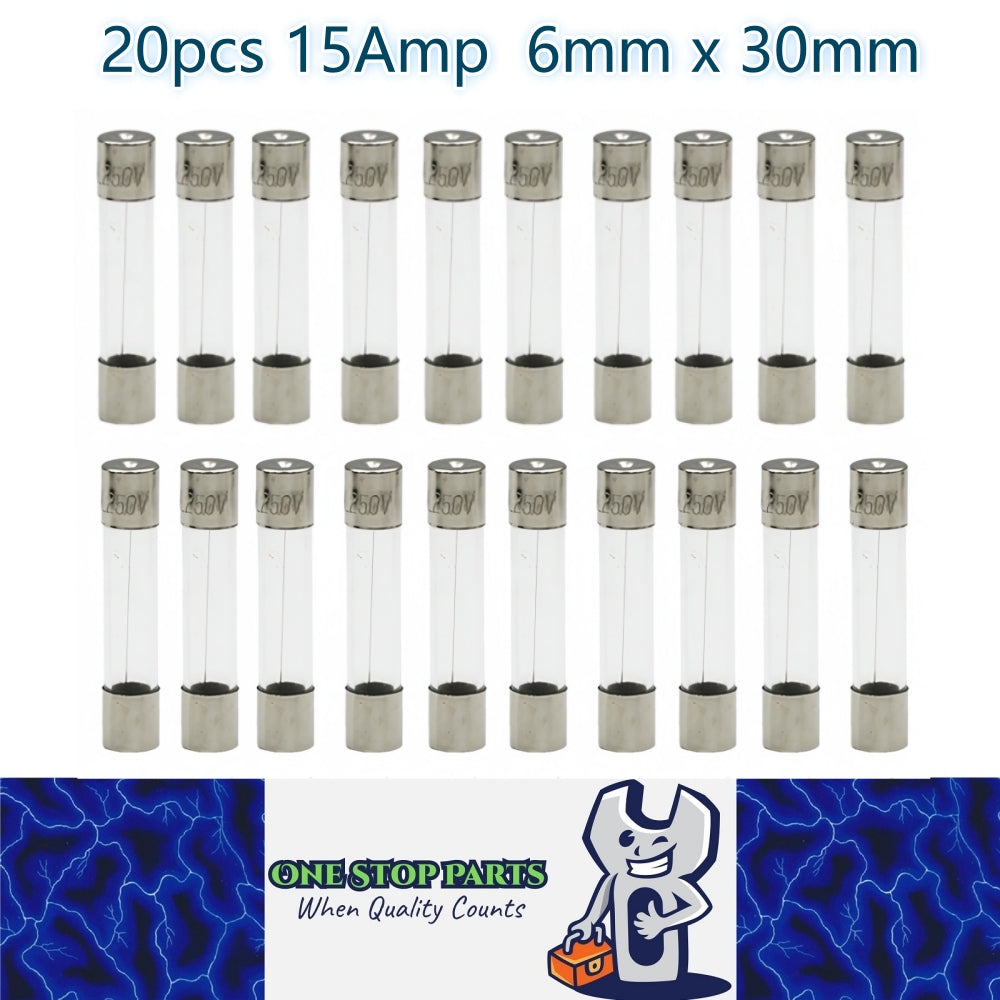 20 x 15Amp Glass Fuses 6mm x 30mm Long 15A Glass Fuse suits Vintage Car and Bike