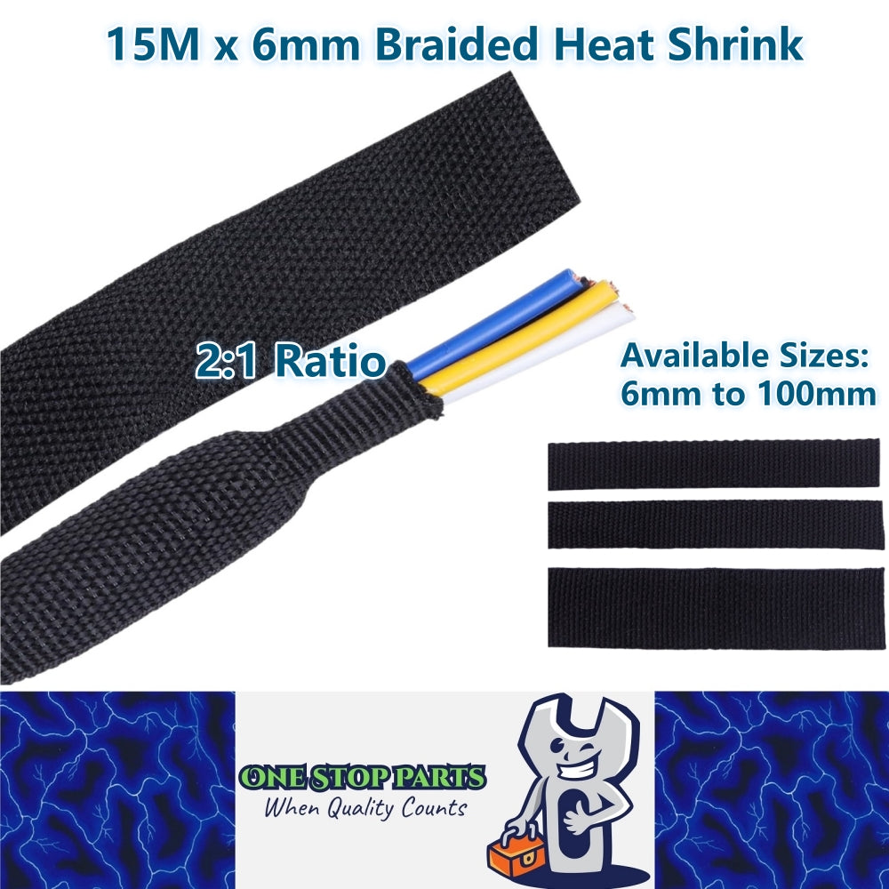15M x 6mm 2:1 Black Heat Shrink Braided Sleeve Shrinks 6mm to 3mm Braided Sleeve