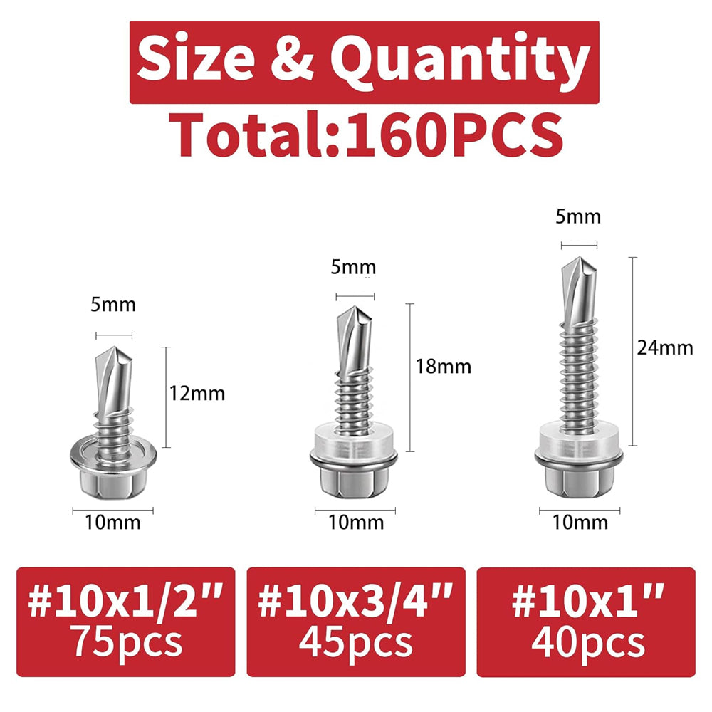 160pcs #10 Hex Head Self Drilling Screws 410 Stainless Steel Metal/Wood Tek