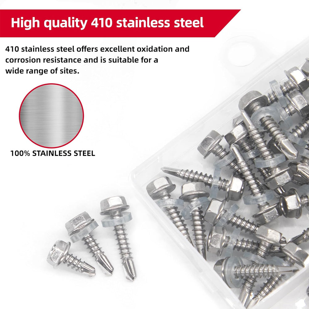 160pcs #10 Hex Head Self Drilling Screws 410 Stainless Steel Metal/Wood Tek