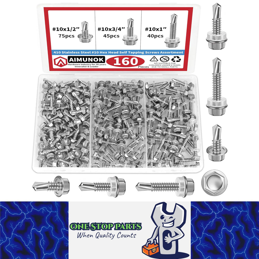 160pcs #10 Hex Head Self Drilling Screws 410 Stainless Steel Metal/Wood Tek