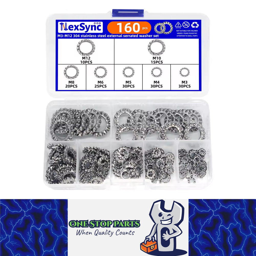 160pcs External Serrated Lock Washer M3–M12 Stainless Steel Toothed Lock Washer