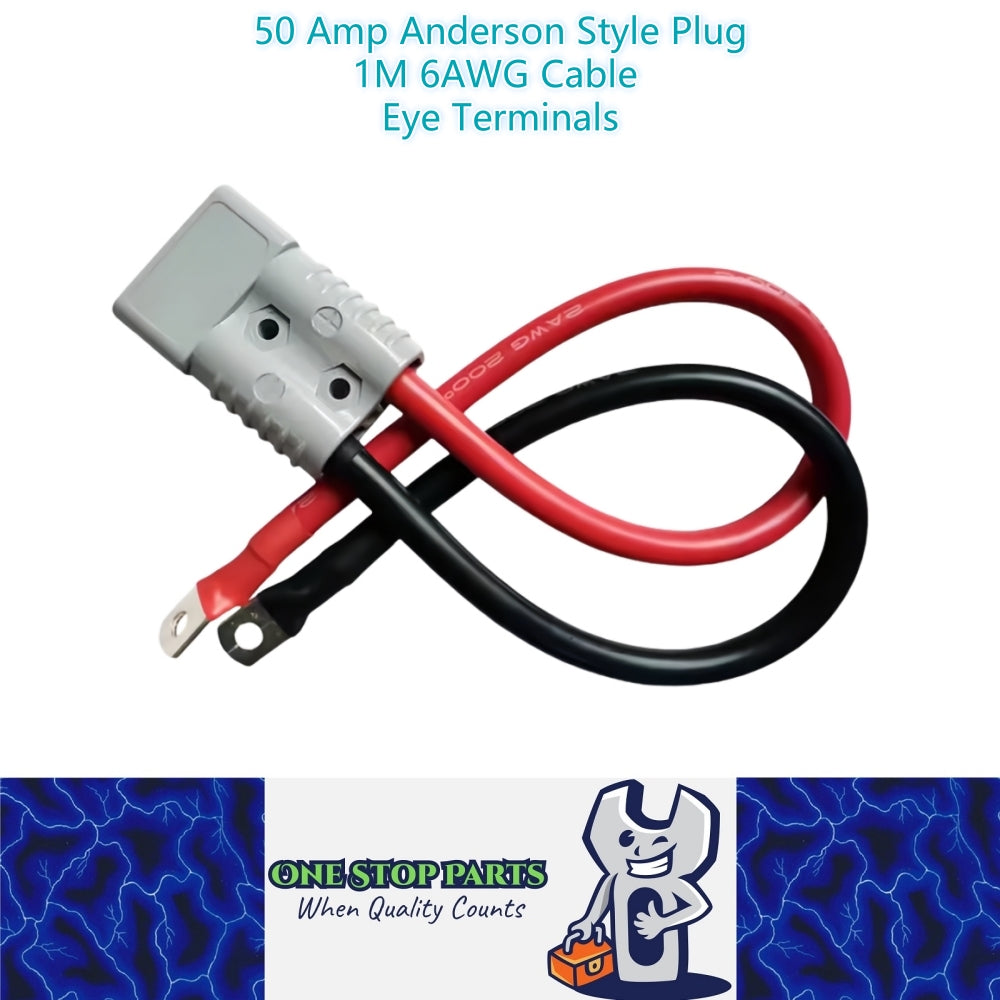 1 x 50amp Anderson Style Plugs With 1 Meter 6AWG Cable with Eye Terminals 50 Amp