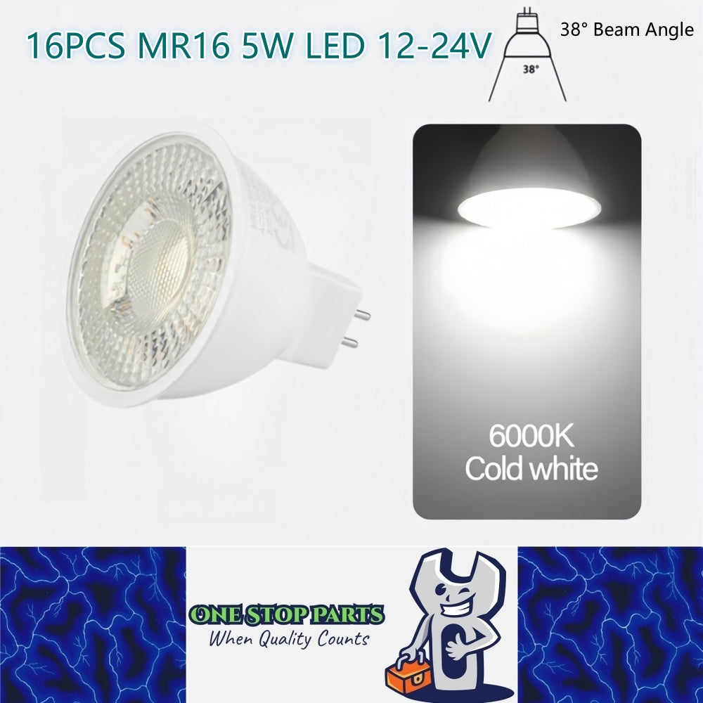 16 x MR16 5W LED Spotlight AC/DC 12V-24V 38 Degree 6000K Cold White Downlight