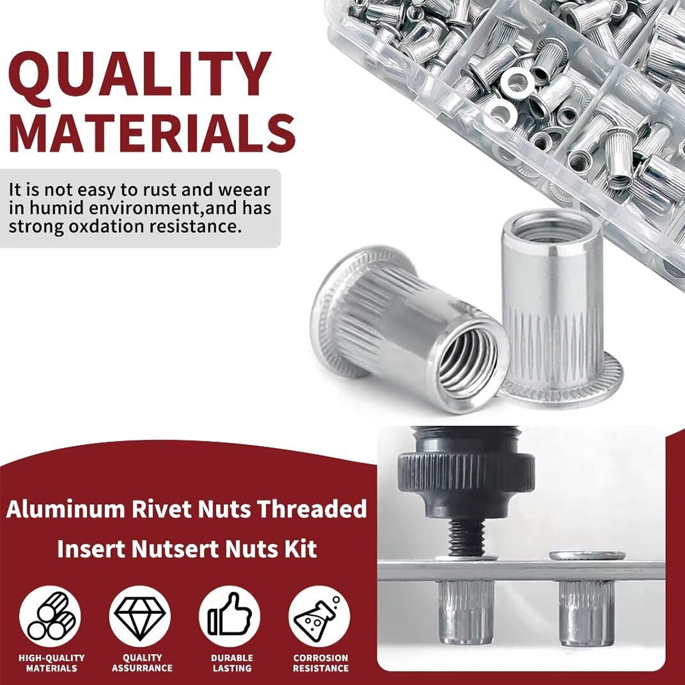 175pcs Aluminum Rivet Nut Kit M3 M4 M5 M6 M8 Flat Head Threaded Insert Nutserts