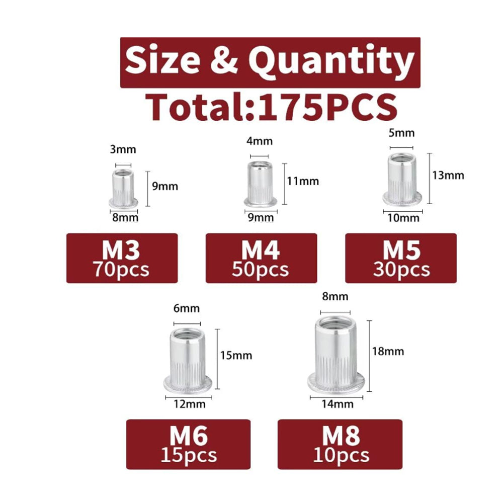 175pcs Aluminum Rivet Nut Kit M3 M4 M5 M6 M8 Flat Head Threaded Insert Nutserts