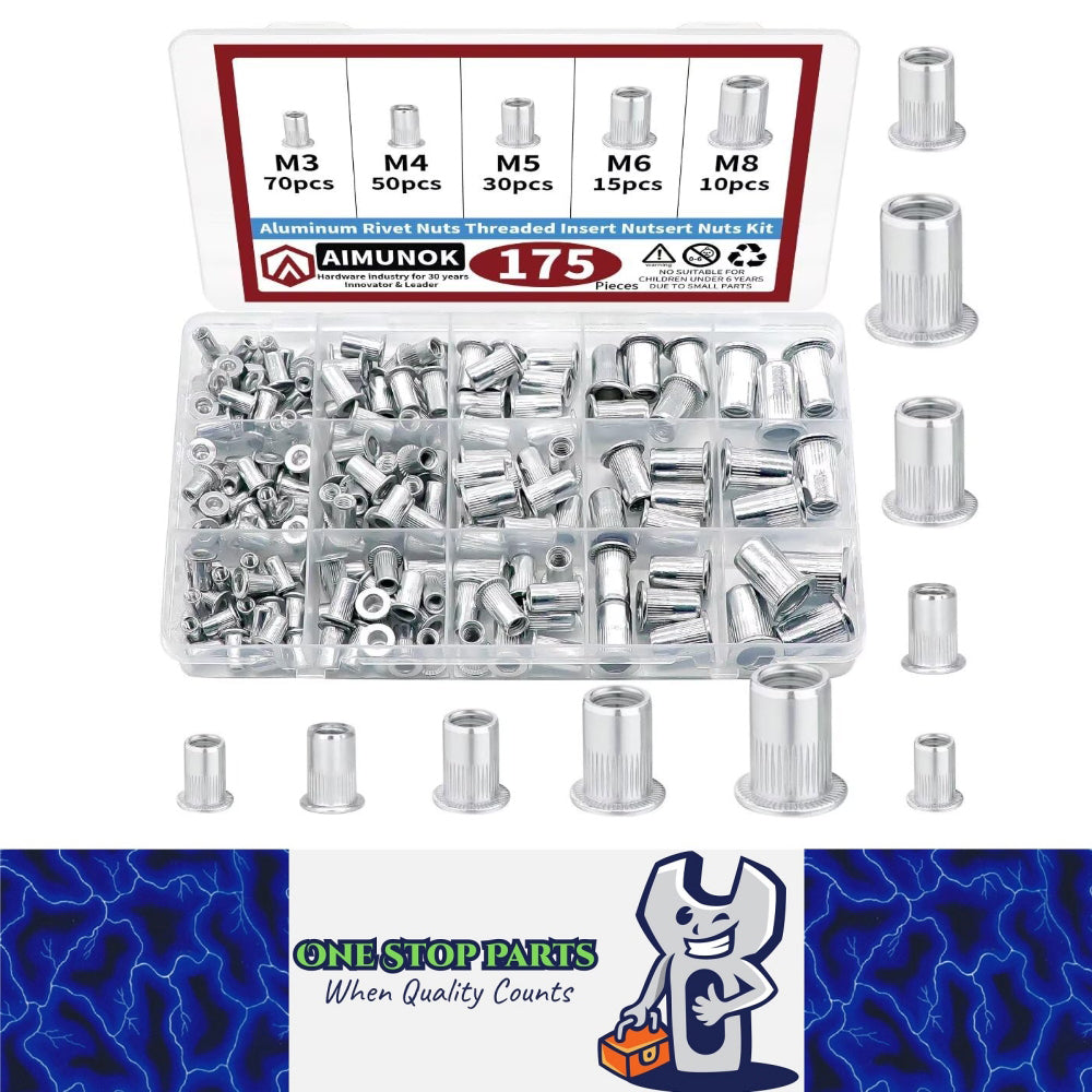 175pcs Aluminum Rivet Nut Kit M3 M4 M5 M6 M8 Flat Head Threaded Insert Nutserts