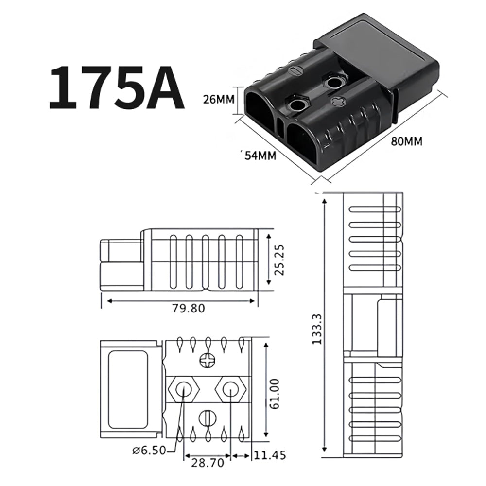 2 x 175A Black Anderson Socket Plug 2 Pin 175Amp Connector RV Truck Winch Marine